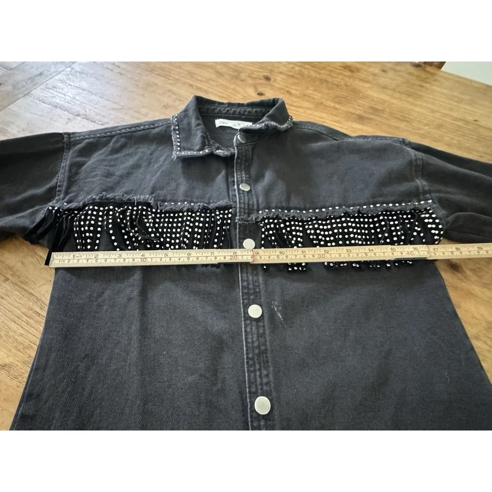 Zara Girl's Black Denim Studded Fringed Shirt Jacket Black Size 10 Snap